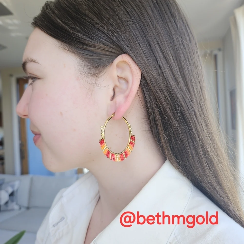 Vibrant Beaded Hoop Earrings Red & Orange Miyuki Rice Beads - Picture 9 of 11